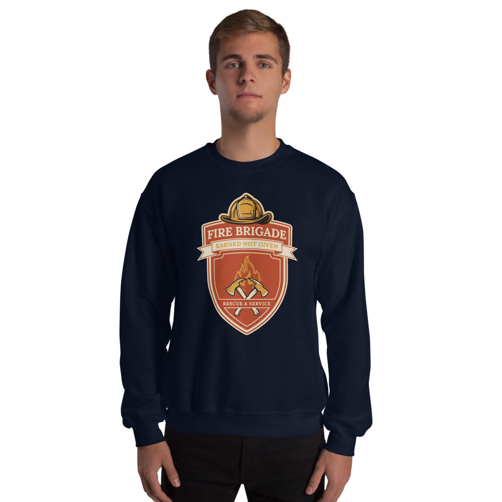Fire Brigade Earned Not Given retro firefighter shield emblem crewneck sweatshirt — Navy, on model