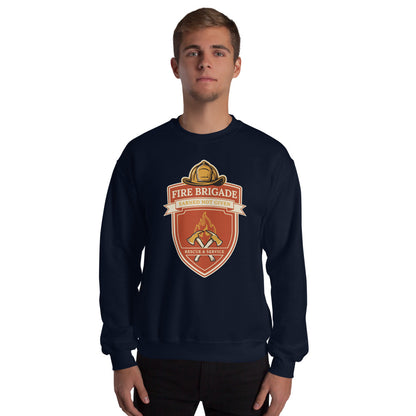 Fire Brigade Earned Not Given retro firefighter shield emblem crewneck sweatshirt — Navy, on model