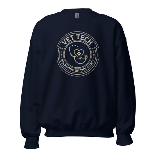 Vet Tech Crest retro veterinary technician crewneck sweatshirt — Navy, front