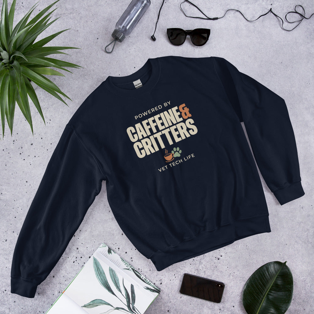 Powered by Caffeine & Critters funny vet tech crewneck sweatshirt — Navy, front-right