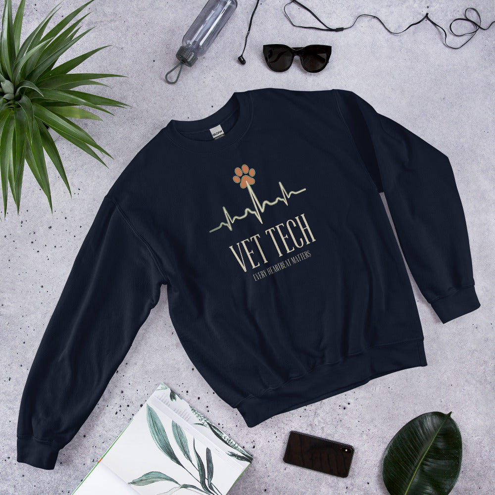 Every Heartbeat Matters minimalist vet tech crewneck sweatshirt — Navy, front-right