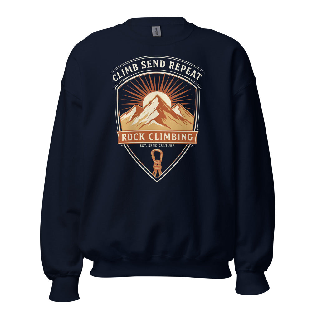 Climb Send Repeat mountaineering crest crewneck sweatshirt — Navy, front