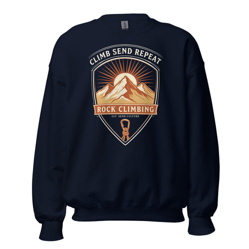 Bouldering Sweatshirt, Vintage Rock Climbing Crewneck, Climb Send Repeat Crest — Climber Gift