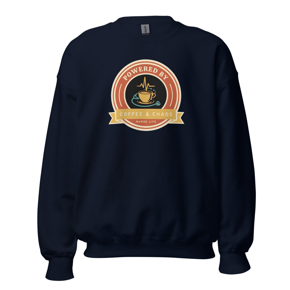 Powered by Coffee & Chaos retro nurse badge crewneck sweatshirt — Navy, front