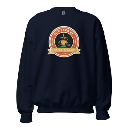 Powered by Coffee & Chaos retro nurse badge crewneck sweatshirt — Navy, front