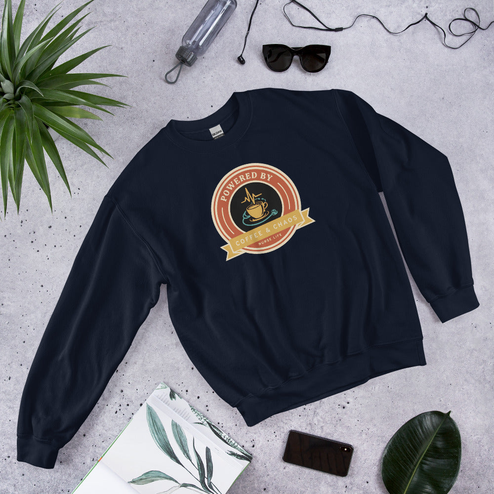 Powered by Coffee & Chaos retro nurse badge crewneck sweatshirt — Navy, front-right