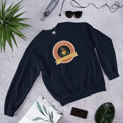 Powered by Coffee & Chaos retro nurse badge crewneck sweatshirt — Navy, front-right