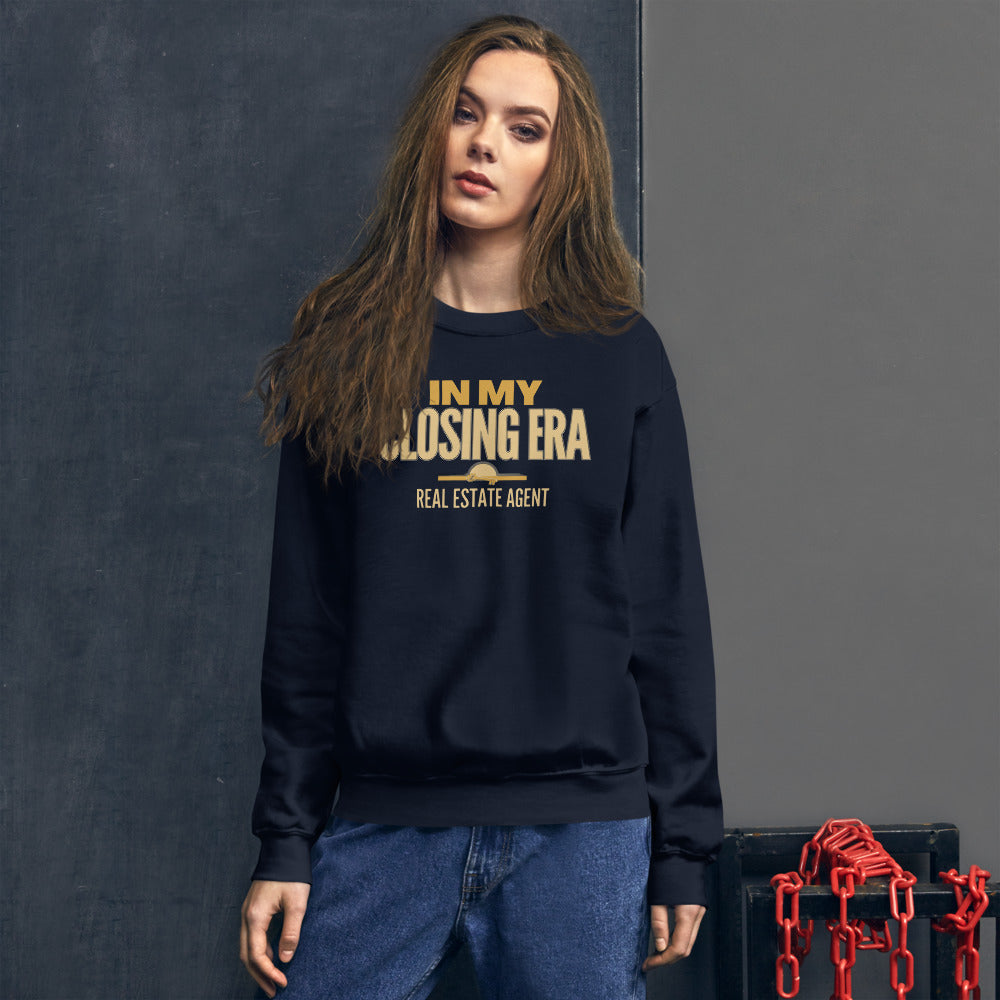 In My Closing Era real estate agent crewneck sweatshirt — Navy, on model