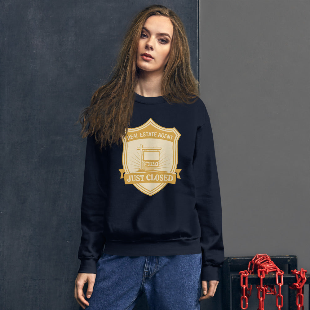 Just Closed real estate agent crewneck sweatshirt — Navy, on model
