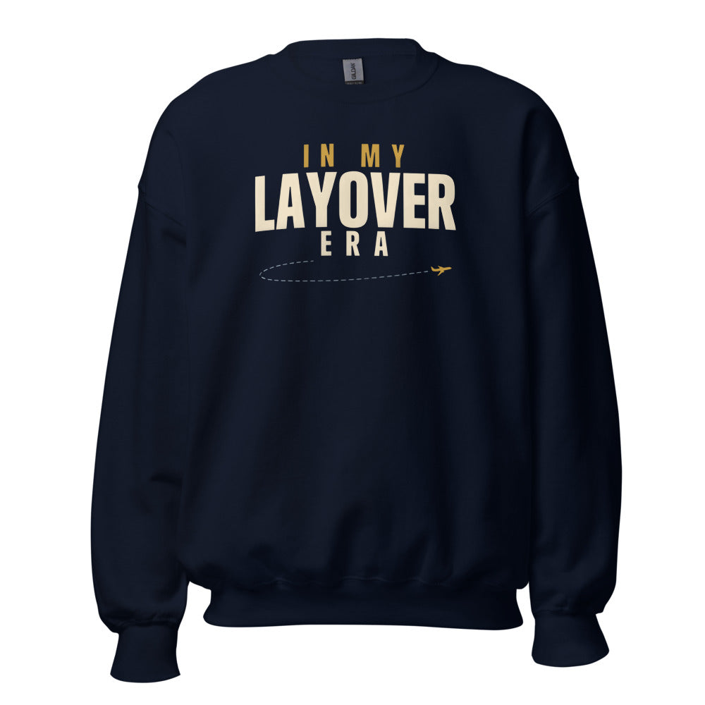 In My Layover Era flight attendant crewneck sweatshirt — Navy, front