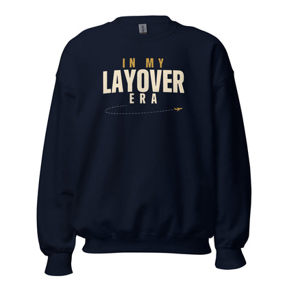 In My Layover Era flight attendant crewneck sweatshirt — Navy, front