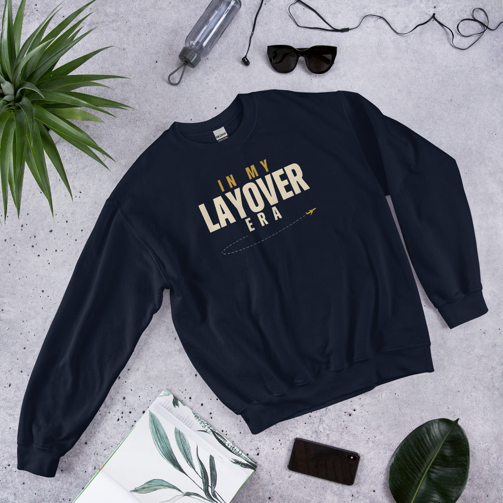 In My Layover Era flight attendant crewneck sweatshirt — Navy, front-right