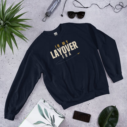 In My Layover Era flight attendant crewneck sweatshirt — Navy, front-right