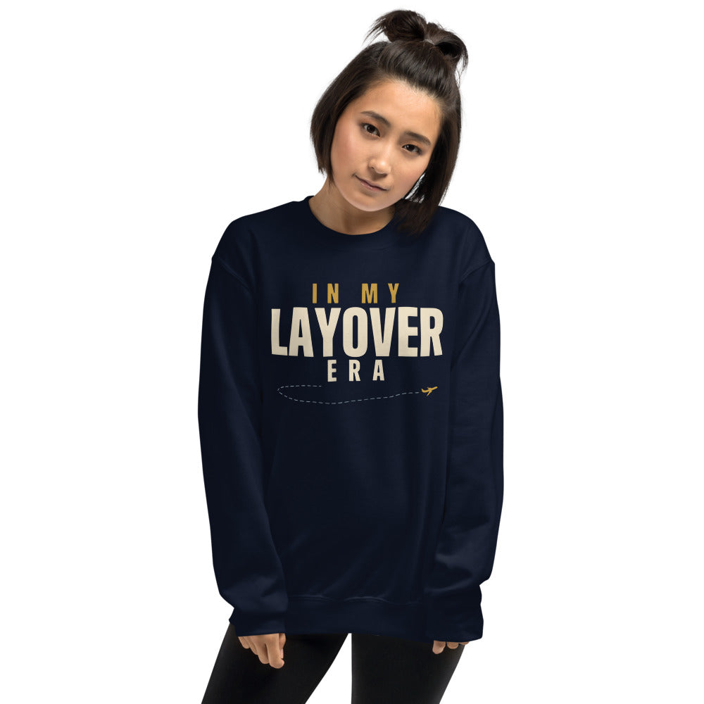 In My Layover Era flight attendant crewneck sweatshirt — Navy, on model