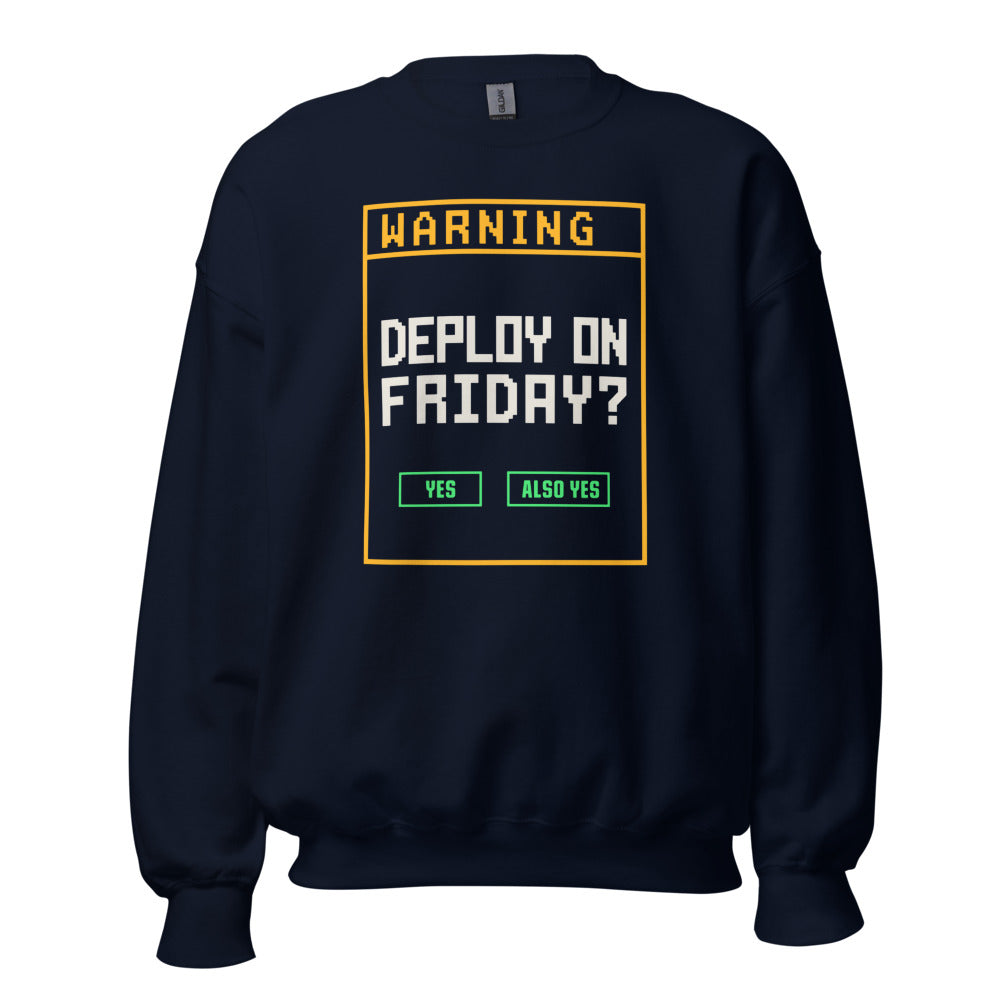 Deploy On Friday programmer crewneck — Navy, front
