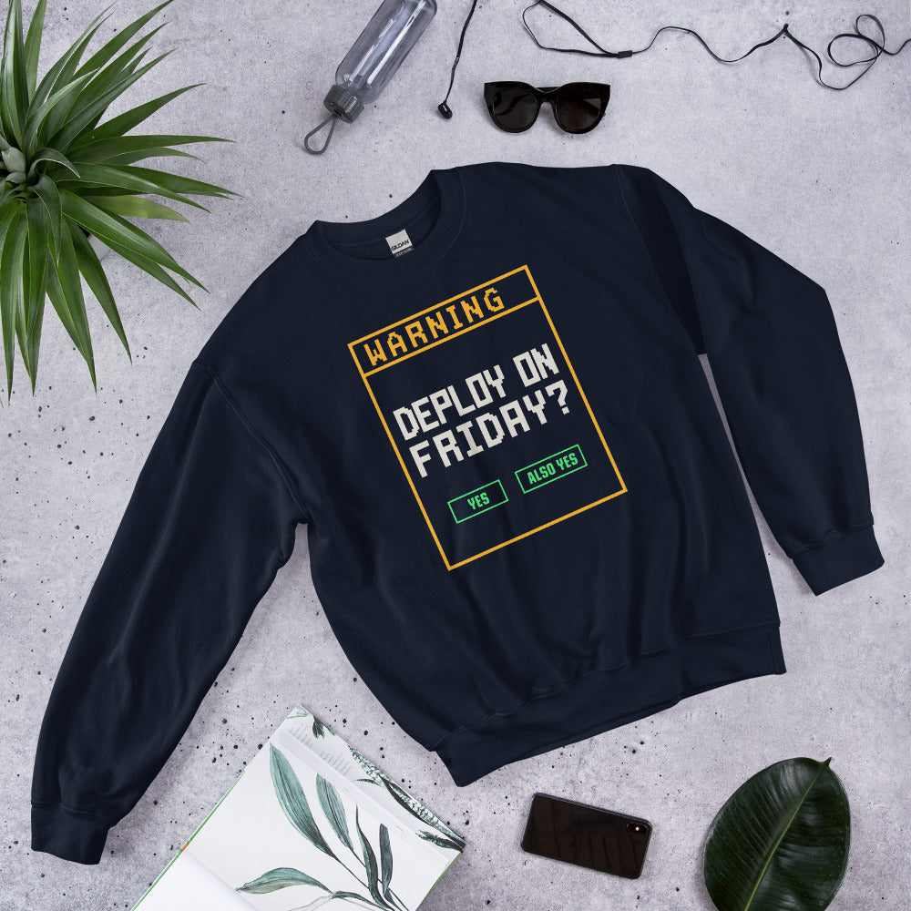 Deploy On Friday programmer crewneck — Navy, front-right