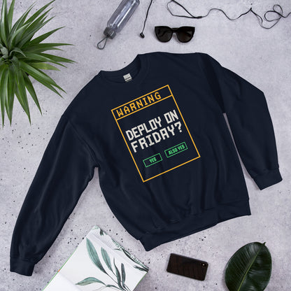 Deploy On Friday programmer crewneck — Navy, front-right