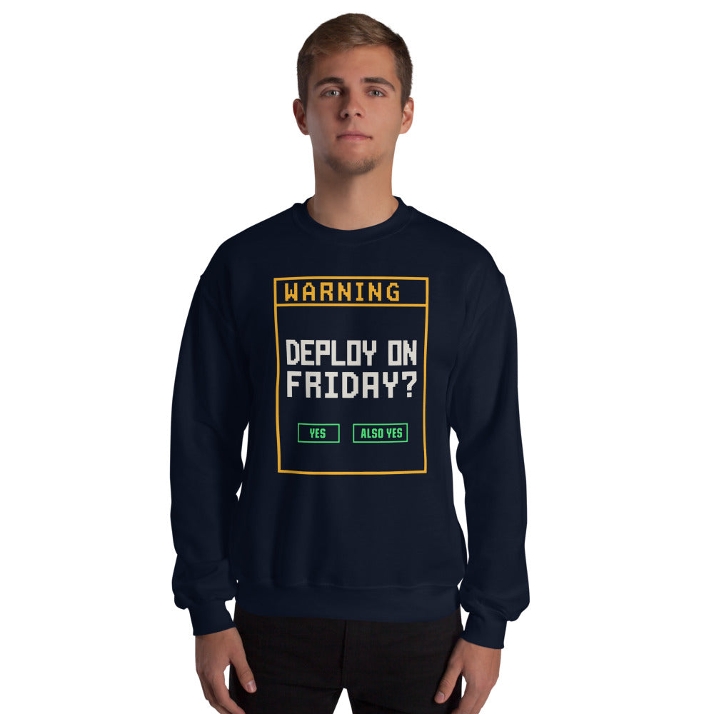 Deploy On Friday programmer crewneck — Navy, on model