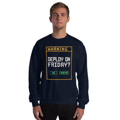 Deploy On Friday programmer crewneck — Navy, on model