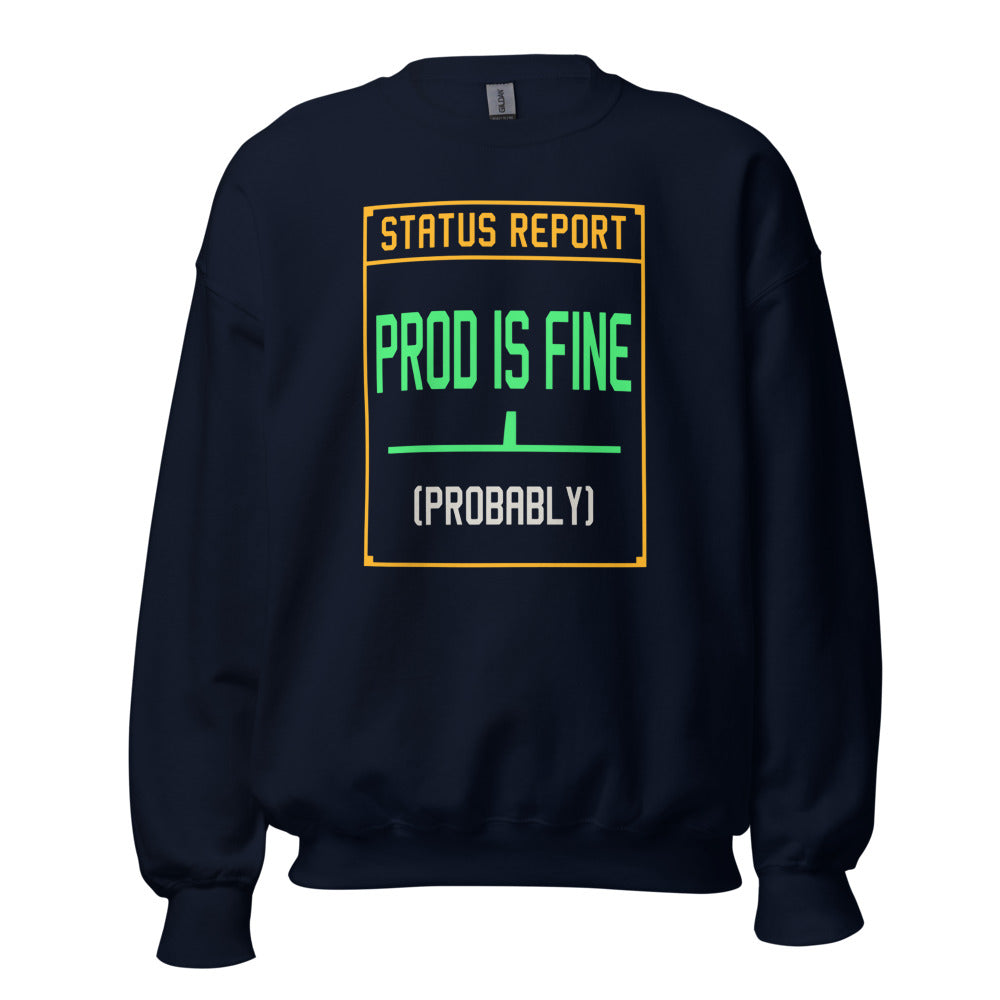 Prod Is Fine programmer crewneck — Navy, front