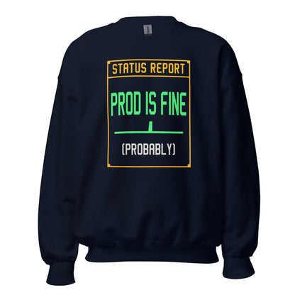 Prod Is Fine programmer crewneck — Navy, front