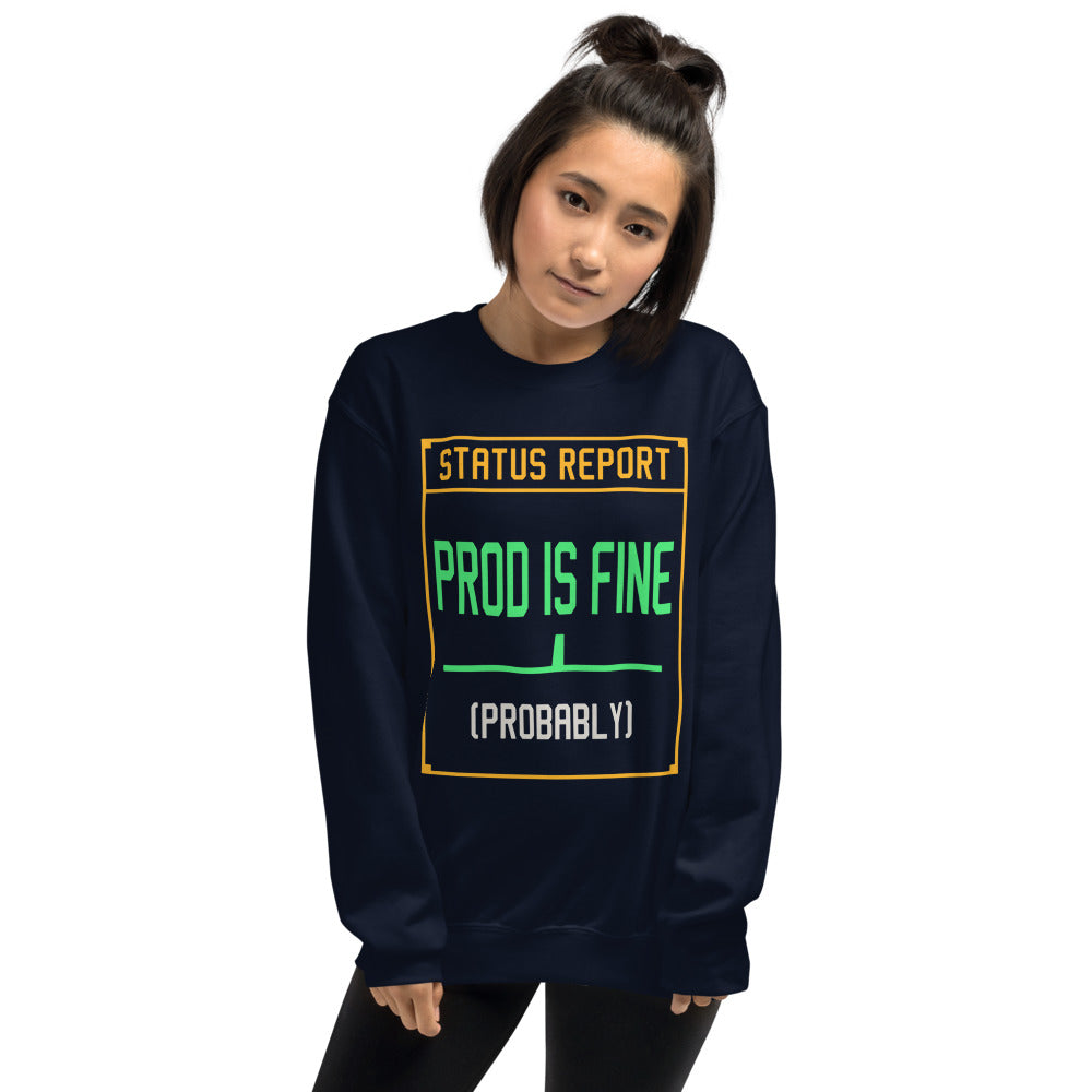 Prod Is Fine programmer crewneck — Navy, on model