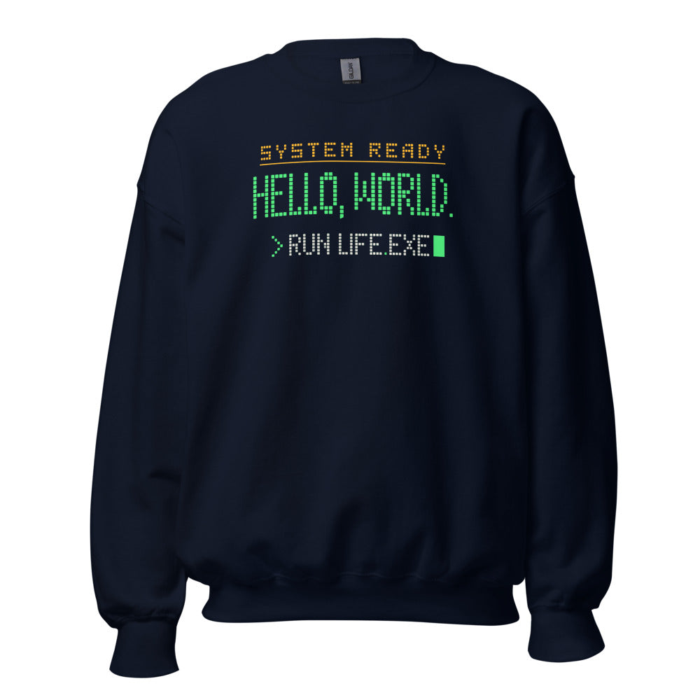 Hello World retro boot screen programmer crewneck sweatshirt — Navy, front
