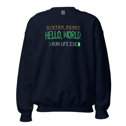 Hello World retro boot screen programmer crewneck sweatshirt — Navy, front