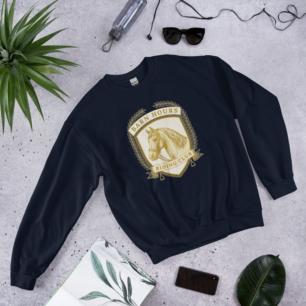 Barn Hours Riding Club vintage equestrian stable crest crewneck sweatshirt — Navy, front-right