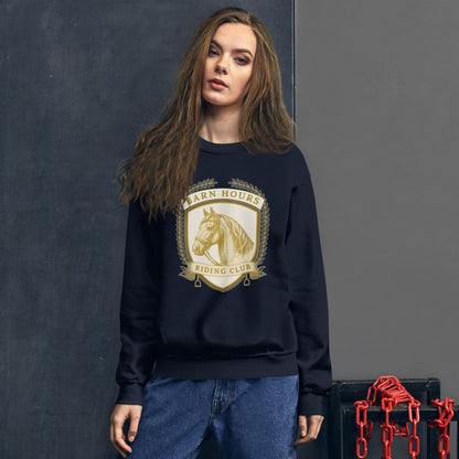Barn Hours Riding Club vintage equestrian stable crest crewneck sweatshirt — Navy, on model