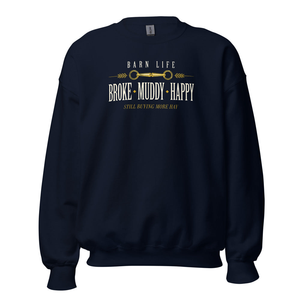 Broke Muddy Happy funny barn life equestrian crewneck sweatshirt — Navy, front
