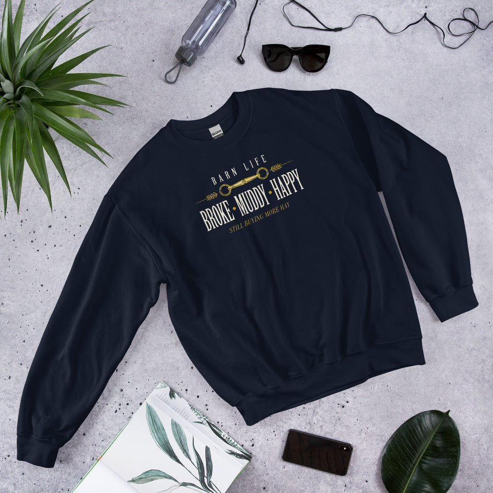 Broke Muddy Happy funny barn life equestrian crewneck sweatshirt — Navy, front-right