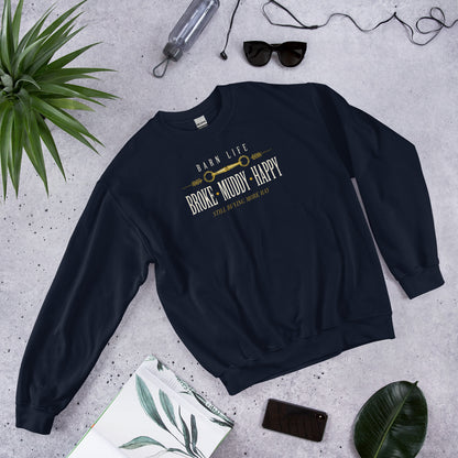 Broke Muddy Happy funny barn life equestrian crewneck sweatshirt — Navy, front-right