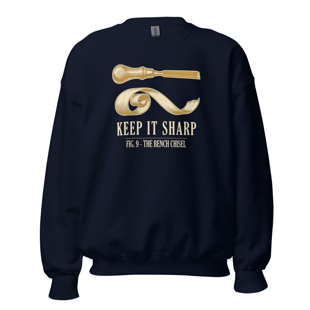 Keep It Sharp woodworking crewneck sweatshirt — Navy, front