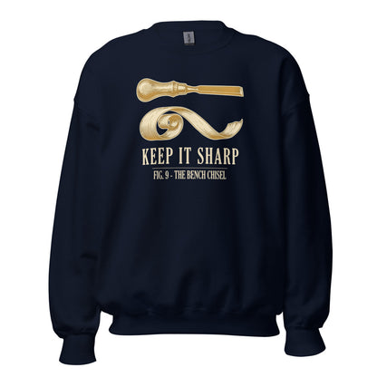 Keep It Sharp woodworking crewneck sweatshirt — Navy, front