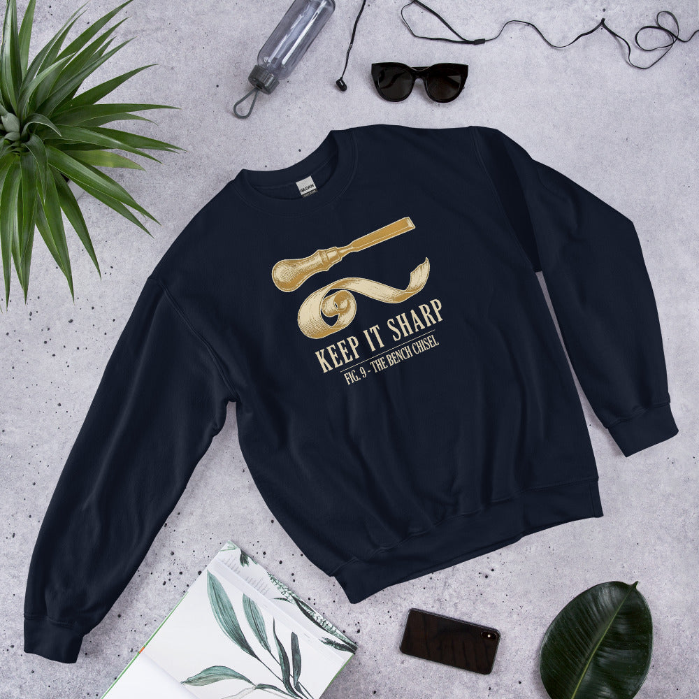 Keep It Sharp woodworking crewneck sweatshirt — Navy, front-right