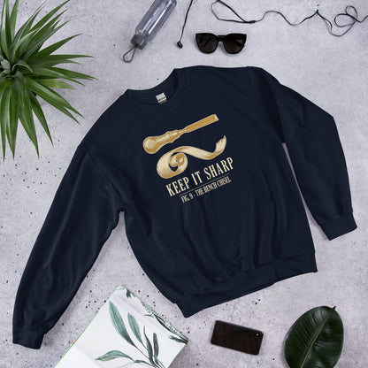Keep It Sharp woodworking crewneck sweatshirt — Navy, front-right