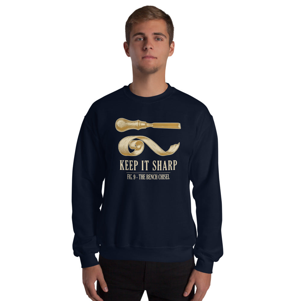 Keep It Sharp woodworking crewneck sweatshirt — Navy, on model