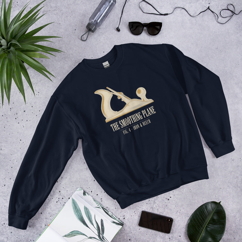 Fig. 4 The Smoothing Plane woodworking crewneck sweatshirt — Navy, front-right