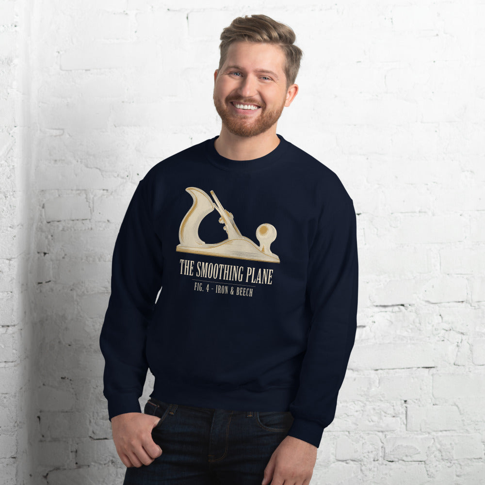 Fig. 4 The Smoothing Plane woodworking crewneck sweatshirt — Navy, on model