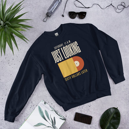 Just Looking Sixty Dollars Later vinyl record crewneck sweatshirt — Navy, front-right