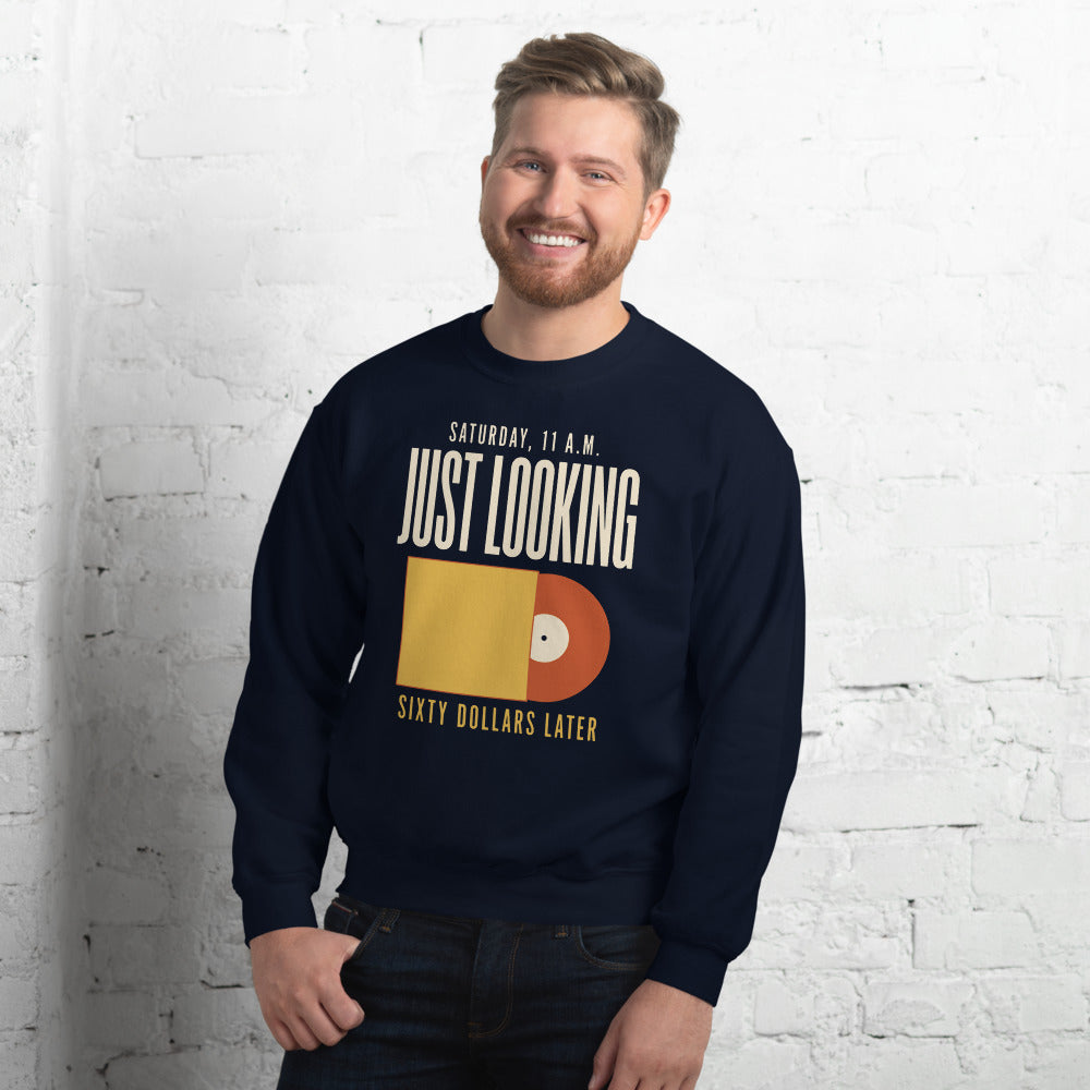 Just Looking Sixty Dollars Later vinyl record crewneck sweatshirt — Navy, on model