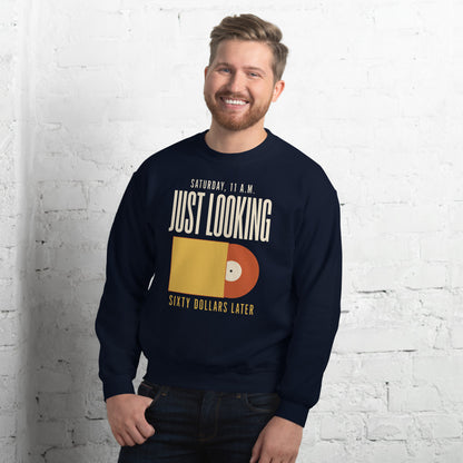 Just Looking Sixty Dollars Later vinyl record crewneck sweatshirt — Navy, on model