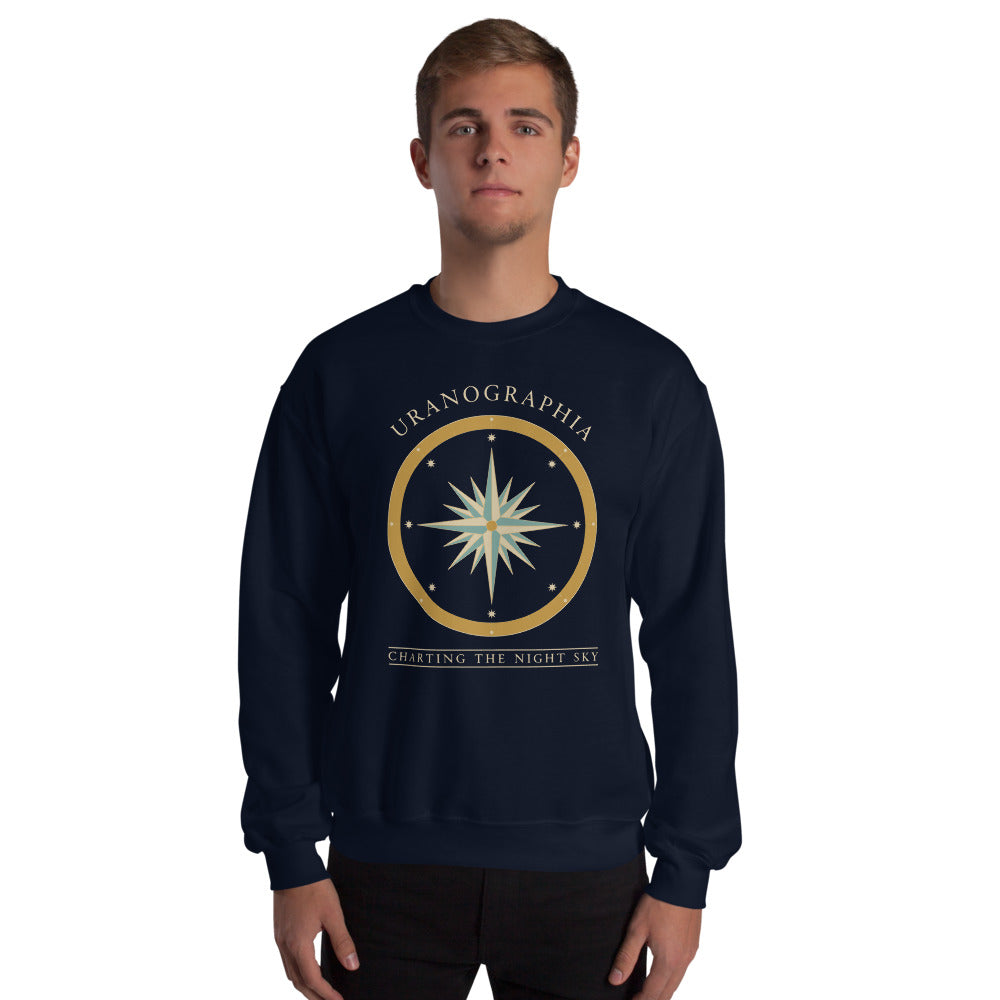 Uranographia vintage celestial chart astronomy crewneck sweatshirt — Navy, on model