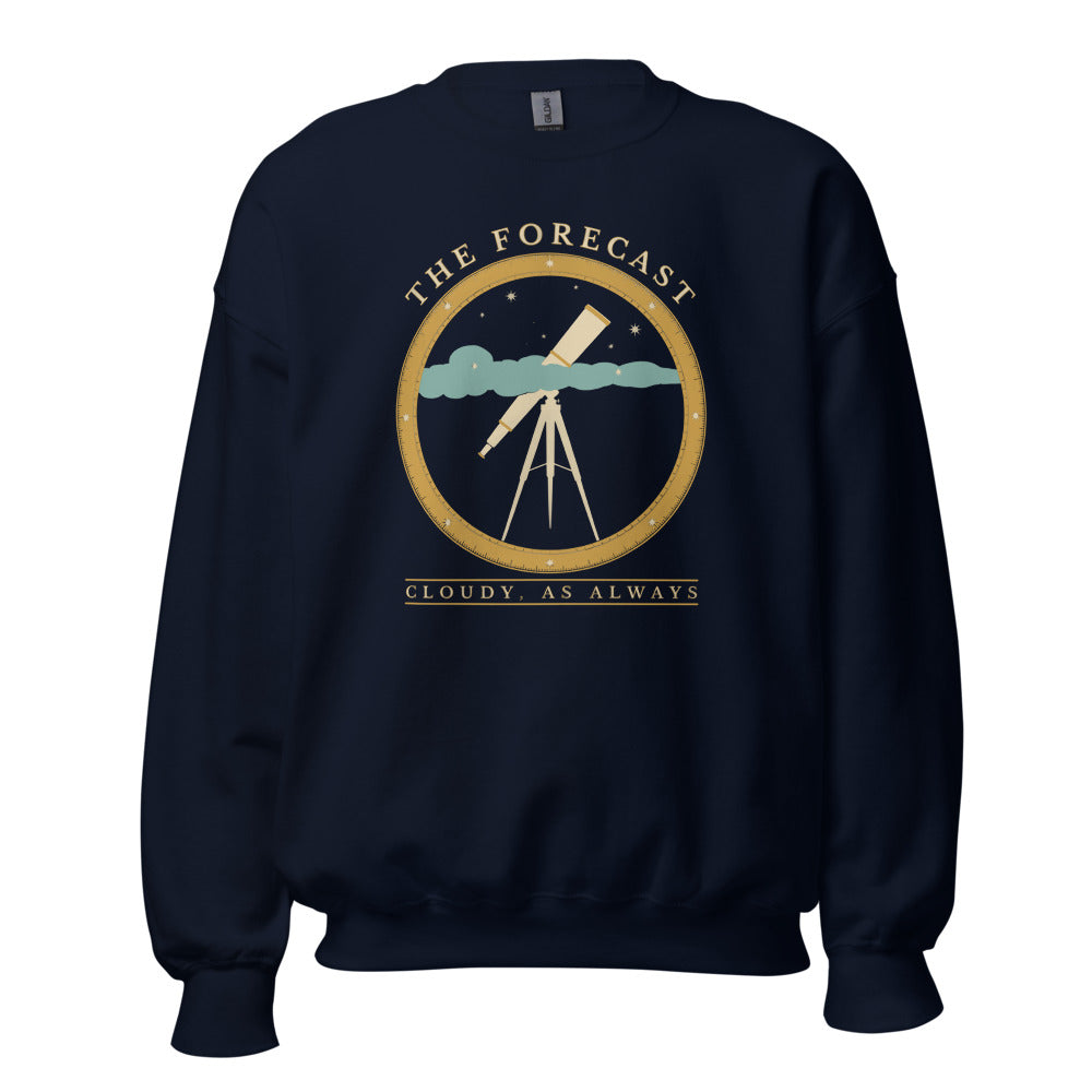 The Forecast Cloudy As Always funny astronomy crewneck sweatshirt — Navy, front