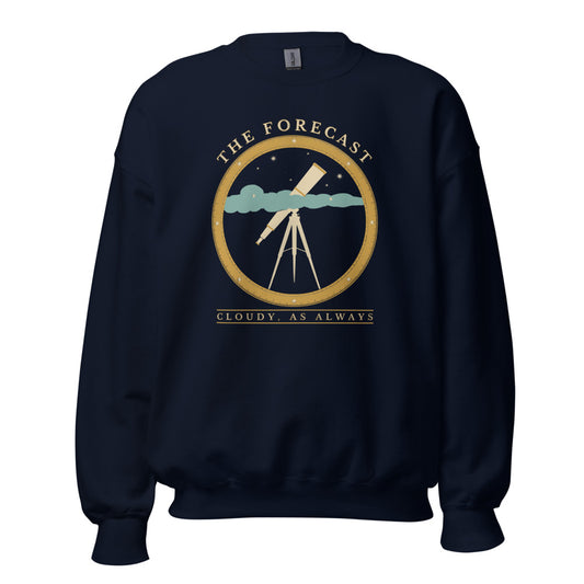 The Forecast Cloudy As Always funny astronomy crewneck sweatshirt — Navy, front