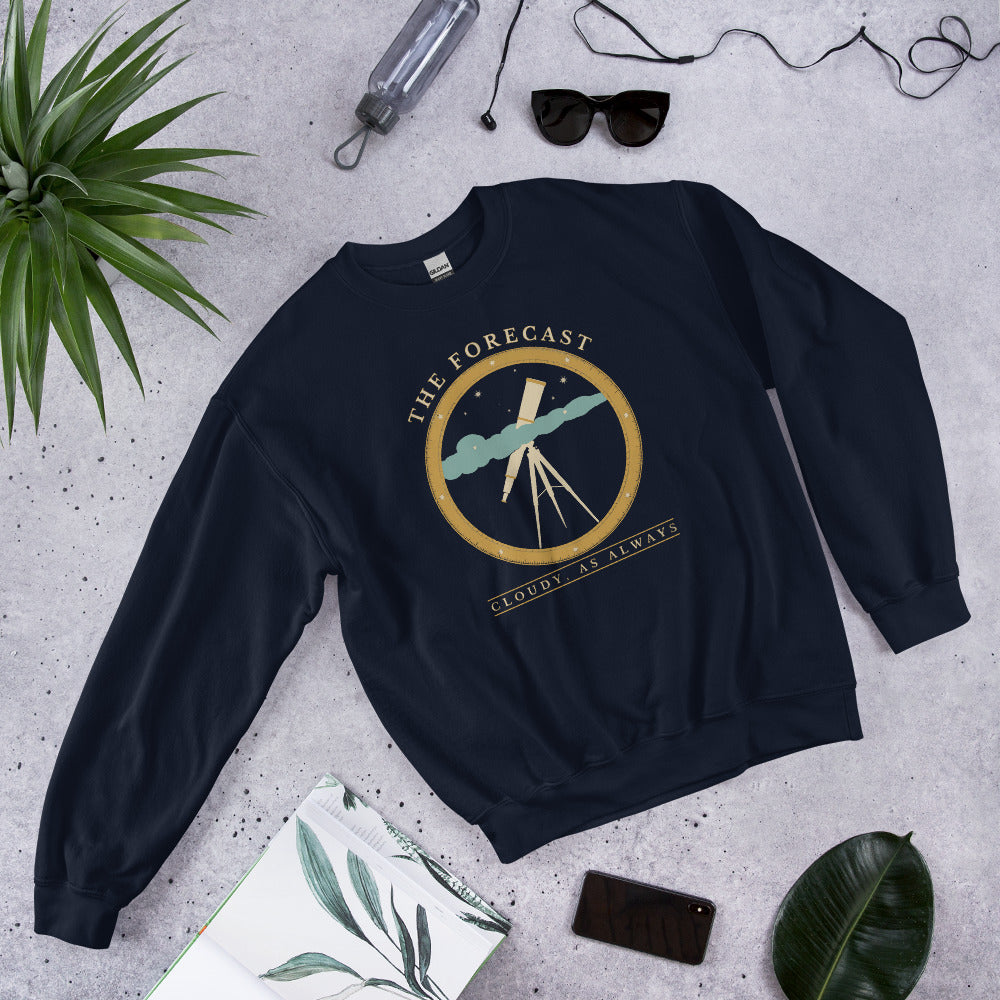 The Forecast Cloudy As Always funny astronomy crewneck sweatshirt — Navy, front-right