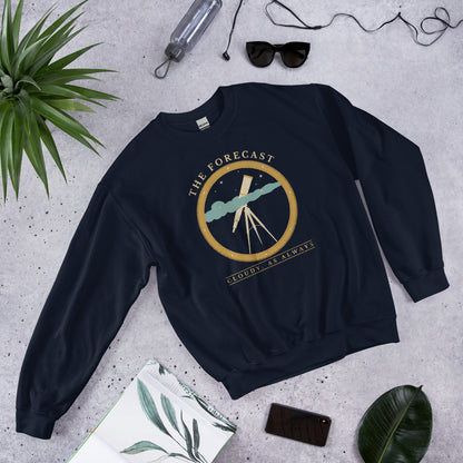 The Forecast Cloudy As Always funny astronomy crewneck sweatshirt — Navy, front-right