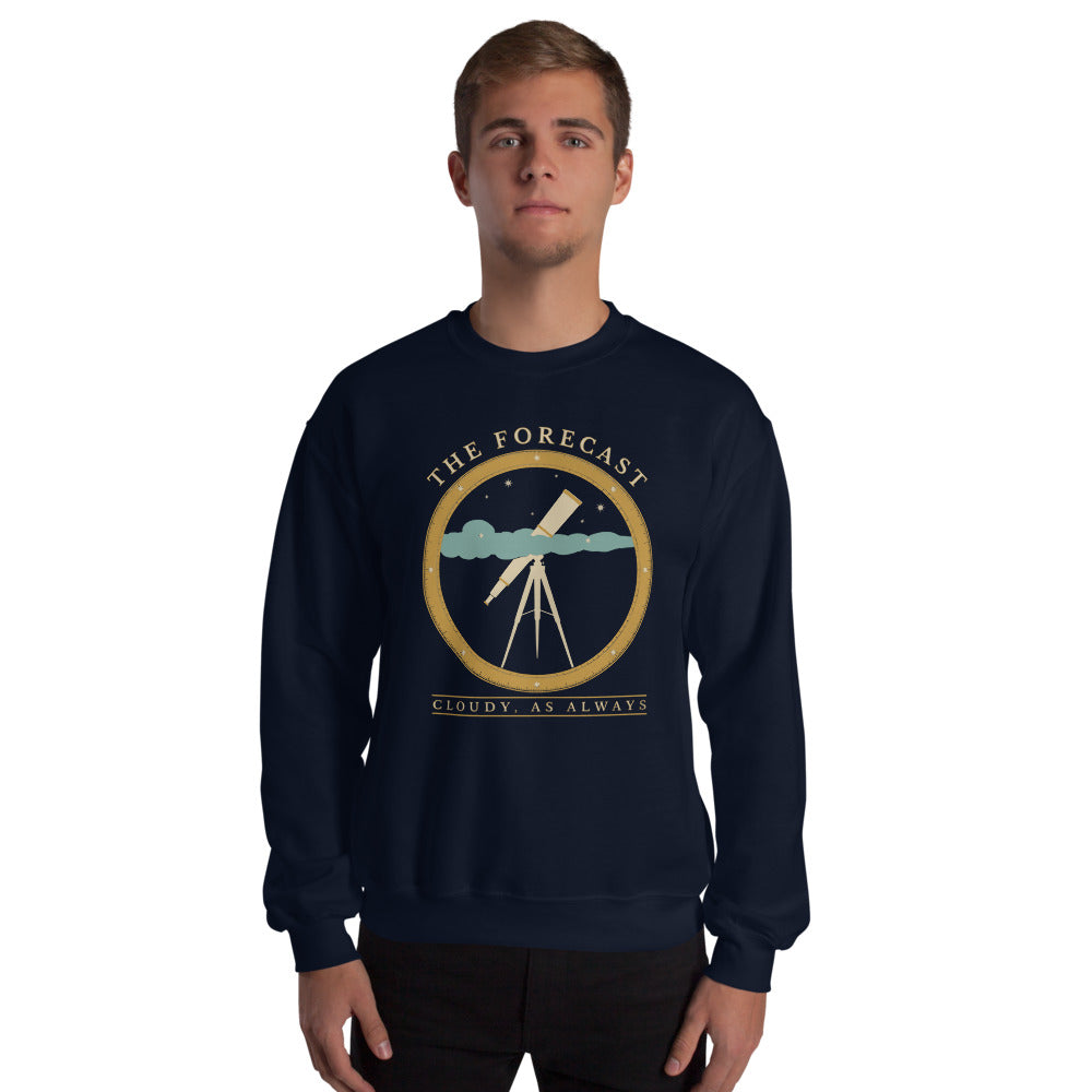 The Forecast Cloudy As Always funny astronomy crewneck sweatshirt — Navy, on model