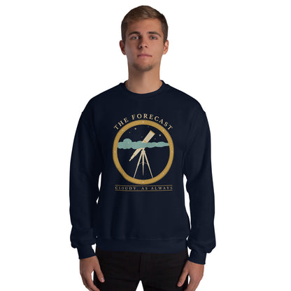The Forecast Cloudy As Always funny astronomy crewneck sweatshirt — Navy, on model